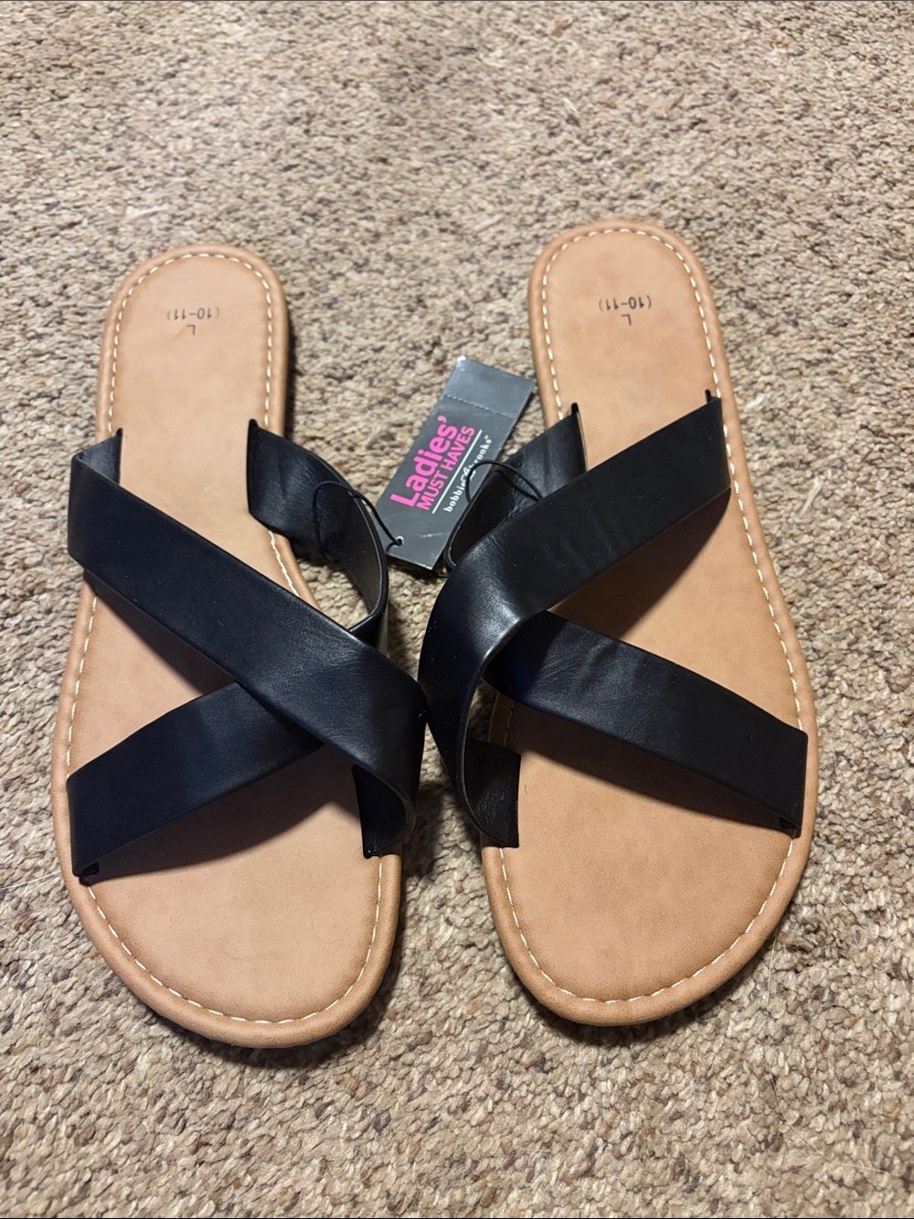 Bobbie Brooks Black Cross-Strap Slide Sandals with Tan Footbed